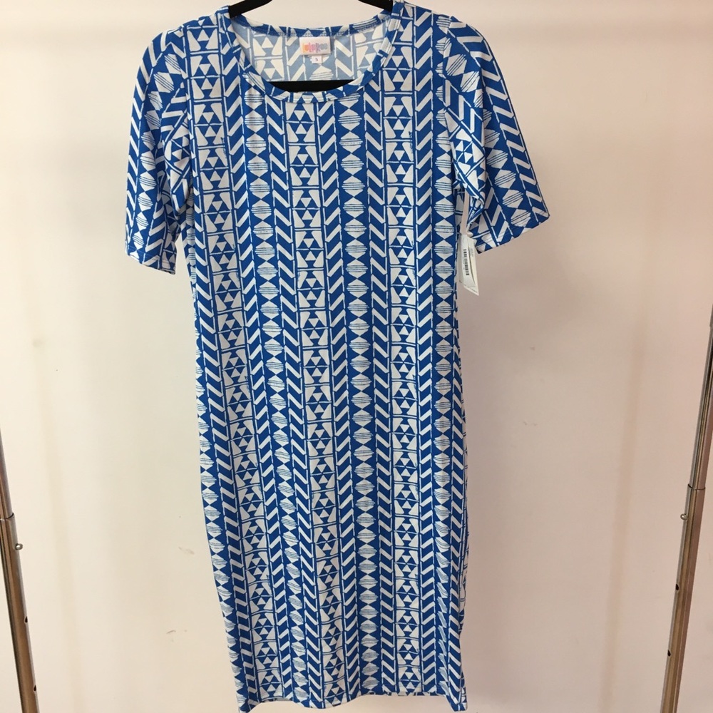 LuLaRoe Julia Dress 3/4 Sleeve Small Blue & White